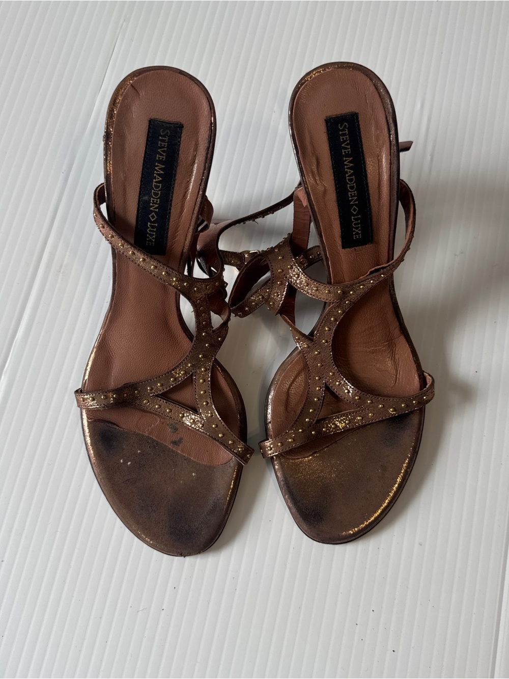 Steve Madden Luxe Bronze Metallic Studded Strappy Heels 9 Y2K Party Glam Sandals